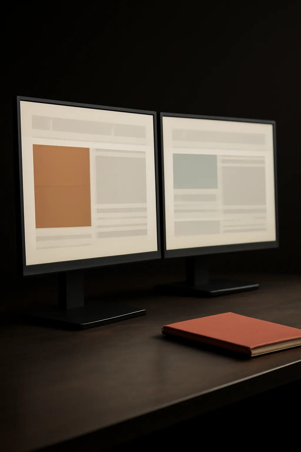 Two studio monitors displaying an abstract, content-first website layout beside a closed terracotta notebook.