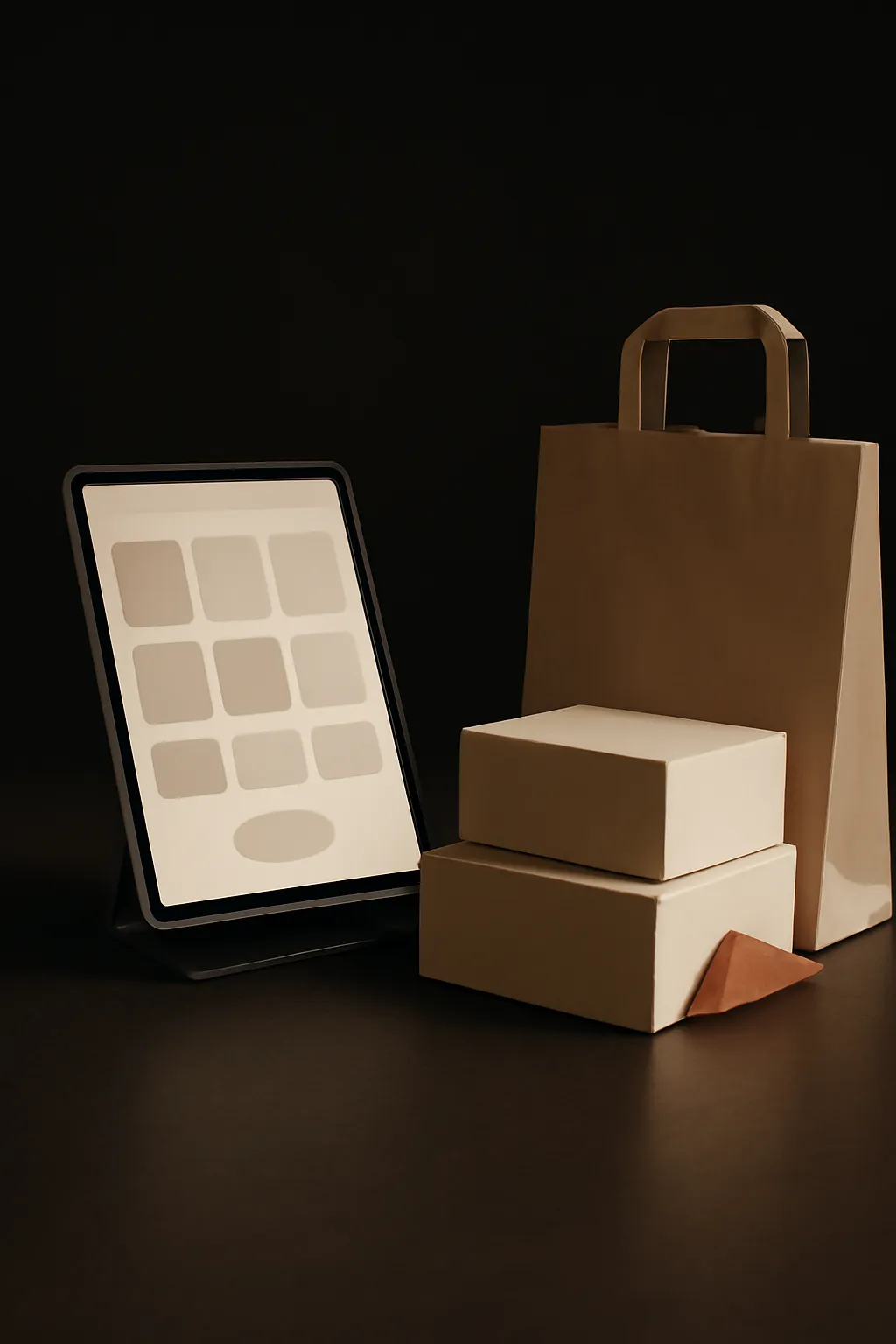A tablet showing an abstract storefront screen beside unbranded product boxes with a terracotta tissue-paper accent.