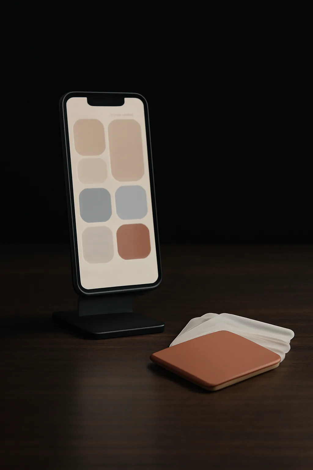 A mounted smartphone showing an abstract app-interface layout beside a fanned stack of printed UI swatch cards, one in terracotta.