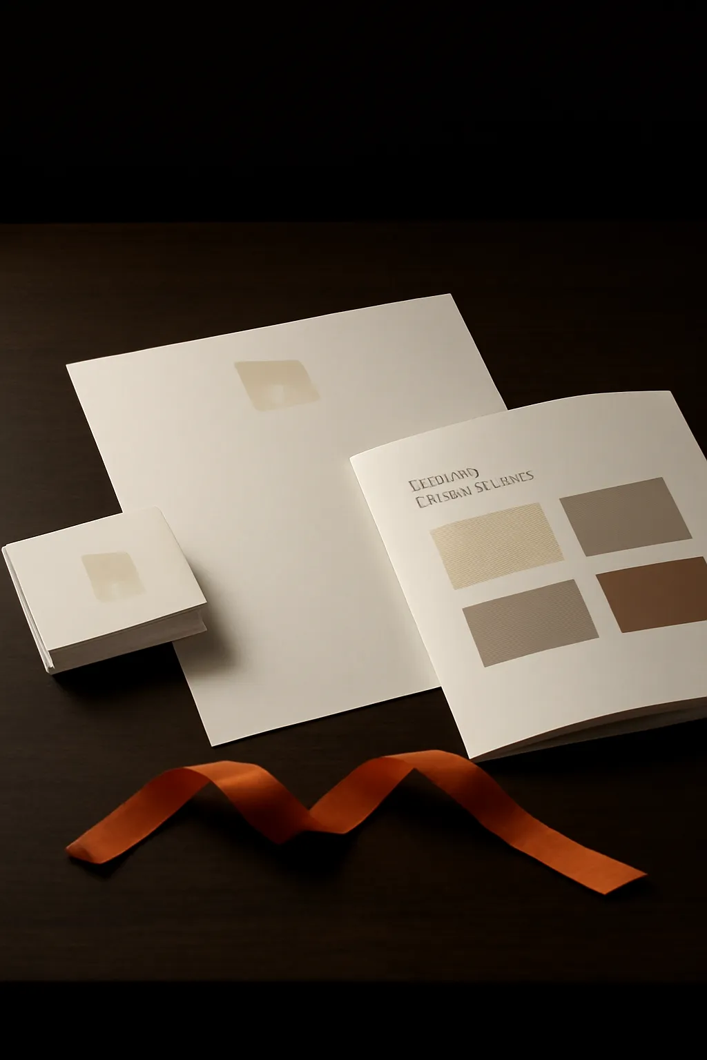 Business cards, a letterhead sheet and an open brand-guideline booklet with muted colour swatches, accented with a terracotta ribbon.